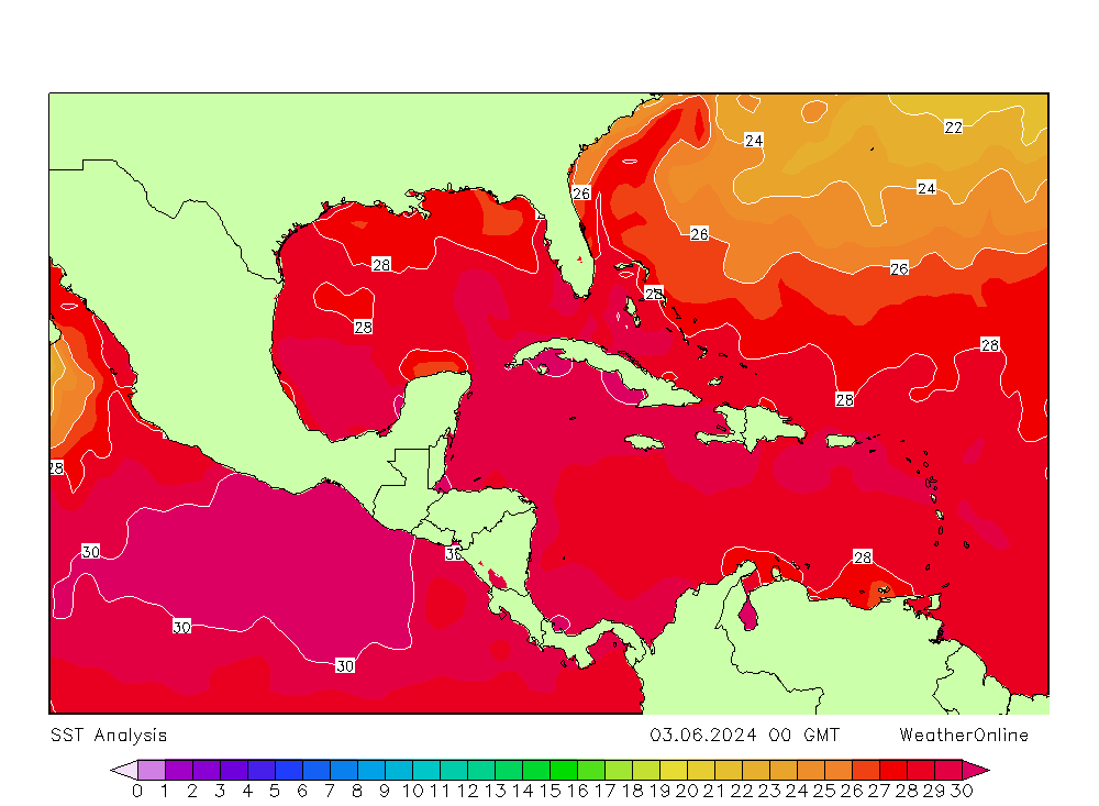 Caribian SST Mo 03.06.2024 00 UTC