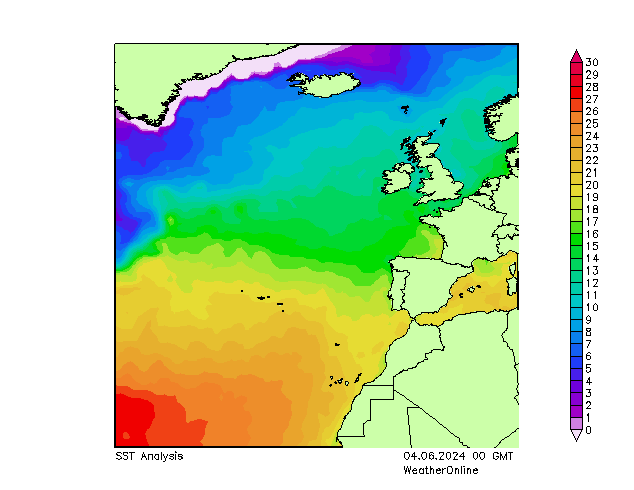 Ocean Atlantycki SST wto. 04.06.2024 00 UTC