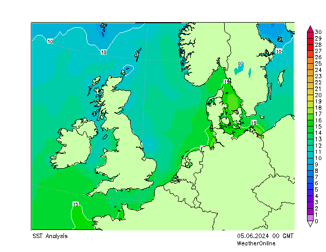 Mer du Nord SST mer 05.06.2024 00 UTC