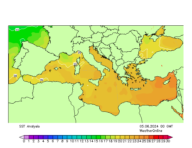 Mar Mediterraneo SST mer 05.06.2024 00 UTC