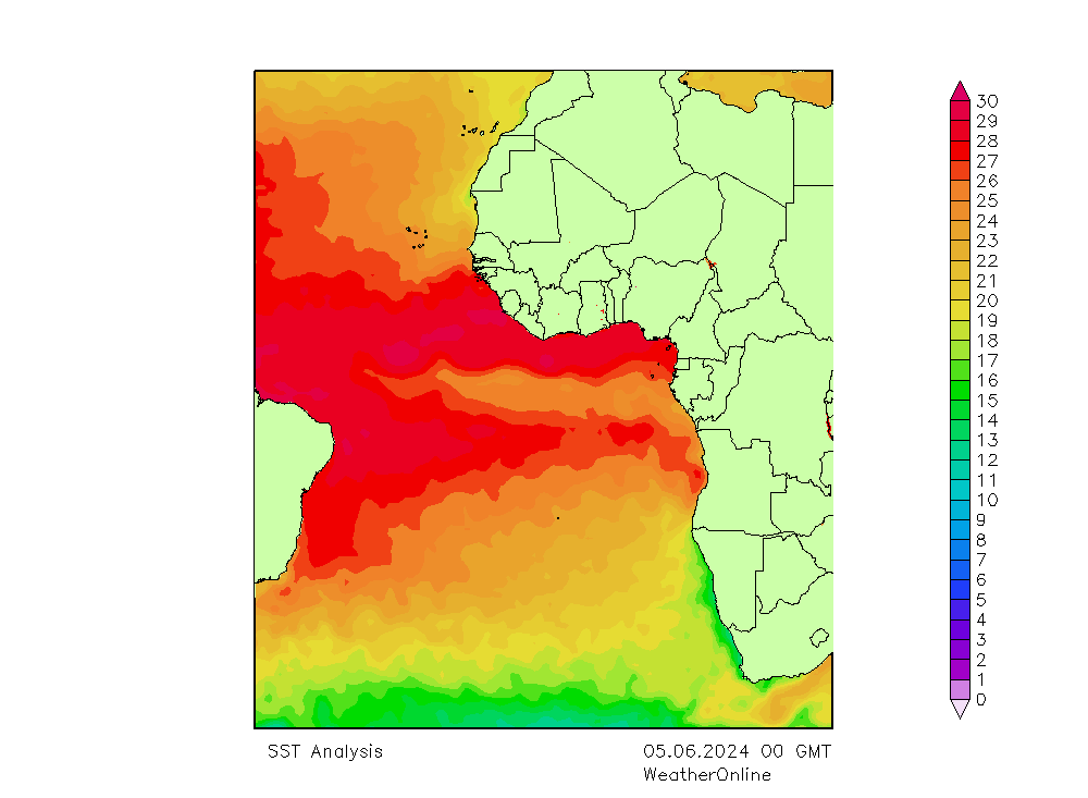 Atlantic Ocean SST  05.06.2024 00 UTC