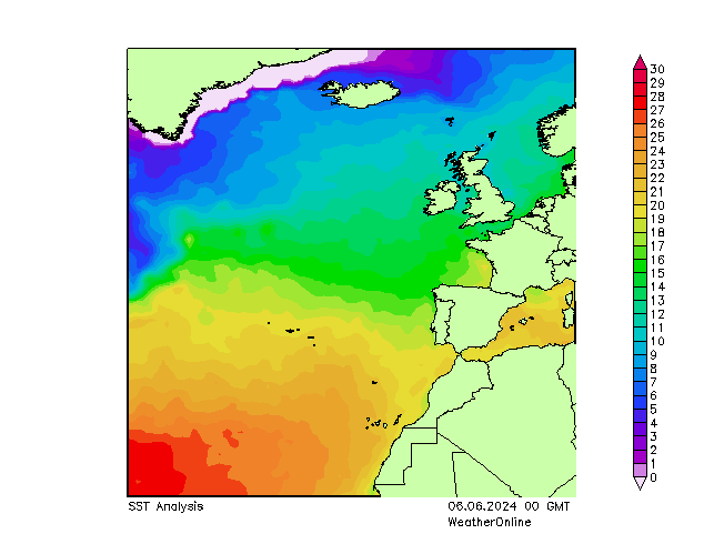 Atlantic Ocean SST Th 06.06.2024 00 UTC