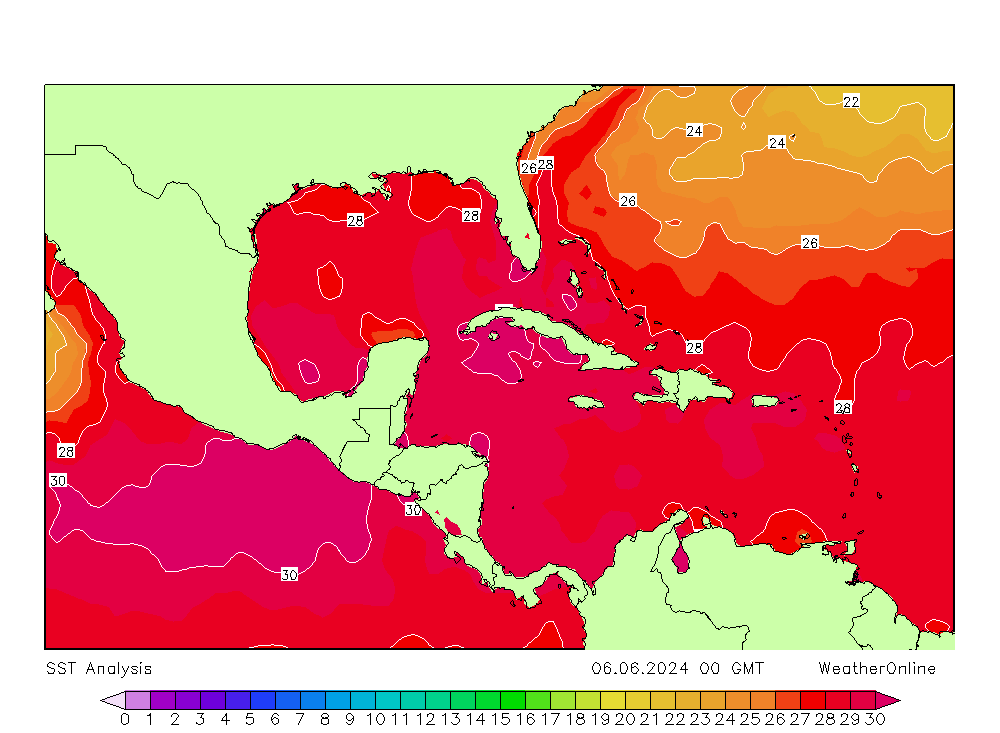 Caribian SST Th 06.06.2024 00 UTC