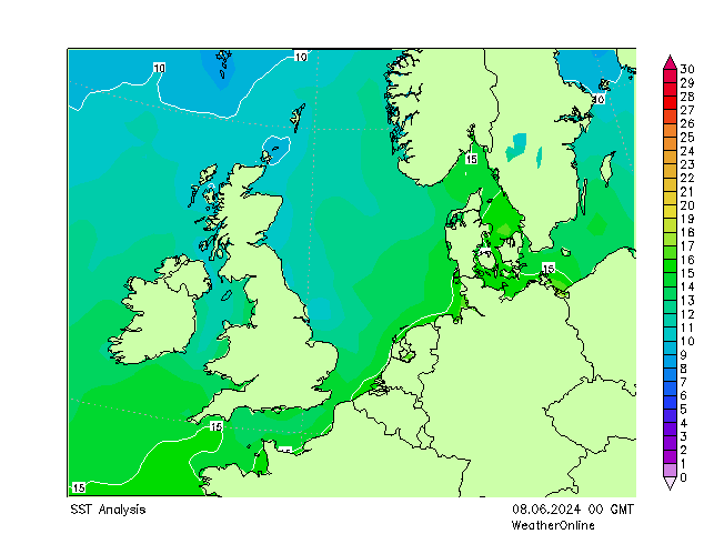 Morze Północne SST so. 08.06.2024 00 UTC