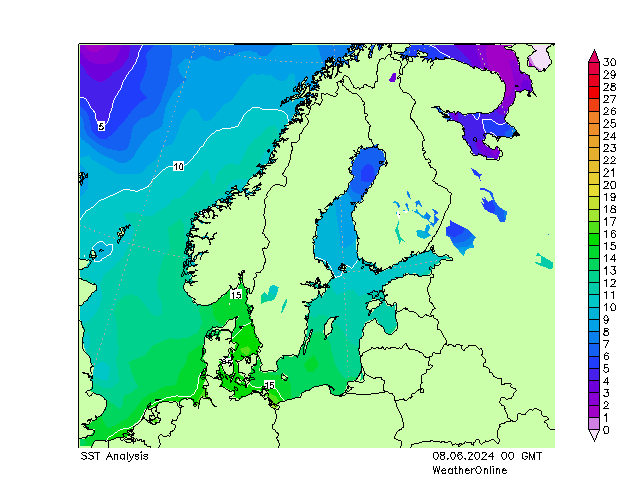 Baltské moře SST So 08.06.2024 00 UTC