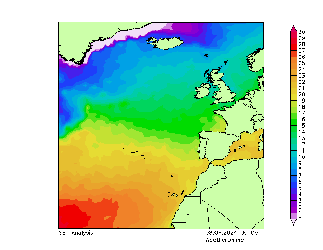 Atlantický SST So 08.06.2024 00 UTC