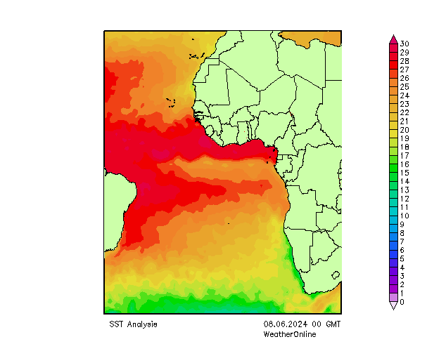 Océano Atlántico SST sáb 08.06.2024 00 UTC