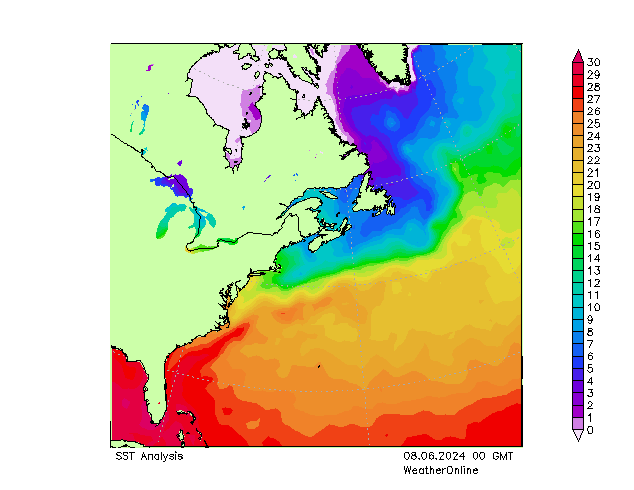 Océan Atlantique SST sam 08.06.2024 00 UTC