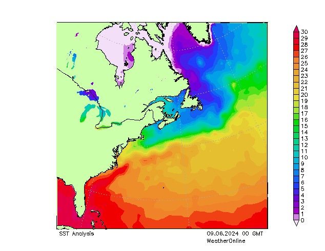 Atlantický SST Ne 09.06.2024 00 UTC