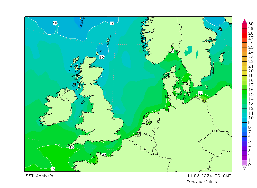 North Sea SST Tu 11.06.2024 00 UTC