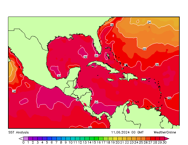 Caribe SST mar 11.06.2024 00 UTC