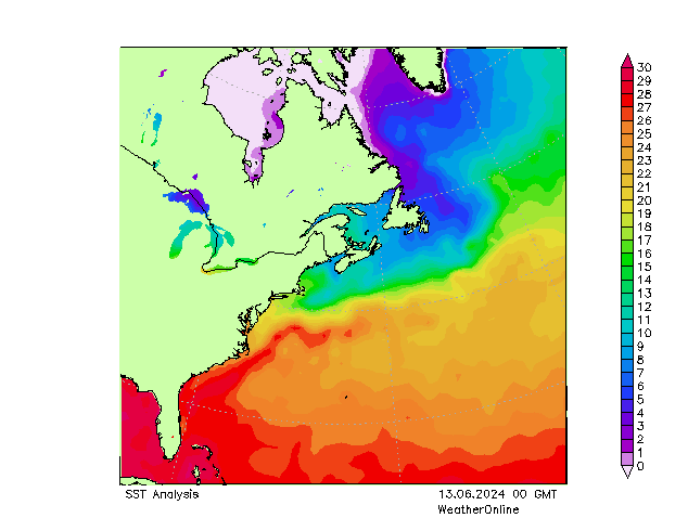 Océan Atlantique SST jeu 13.06.2024 00 UTC