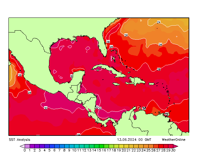 Вест-Индия SST чт 13.06.2024 00 UTC