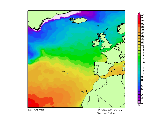 Atlantický SST Pá 14.06.2024 00 UTC