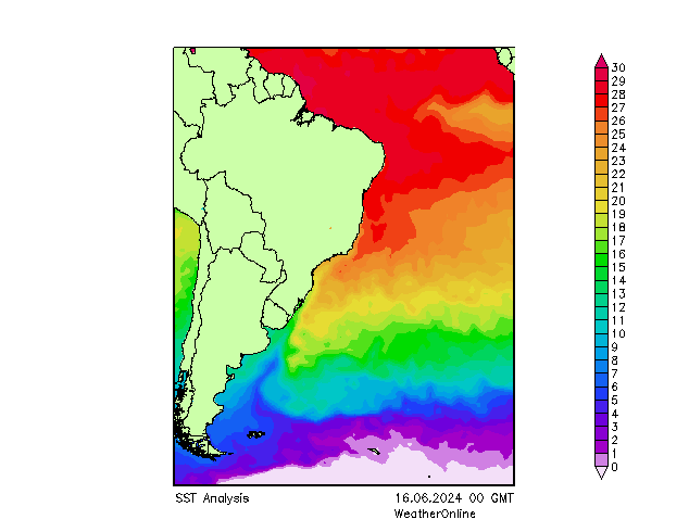 Атлантический океан SST Вс 16.06.2024 00 UTC