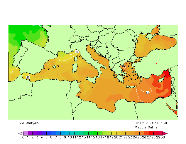 Mar Mediterráneo SST dom 16.06.2024 00 UTC
