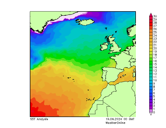 Oceano Atlântico SST Qua 19.06.2024 00 UTC