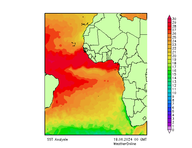 Atlas Okyanusu SST Çar 19.06.2024 00 UTC