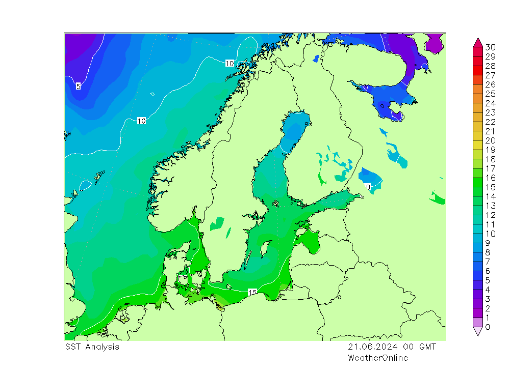 Baltské moře SST Pá 21.06.2024 00 UTC