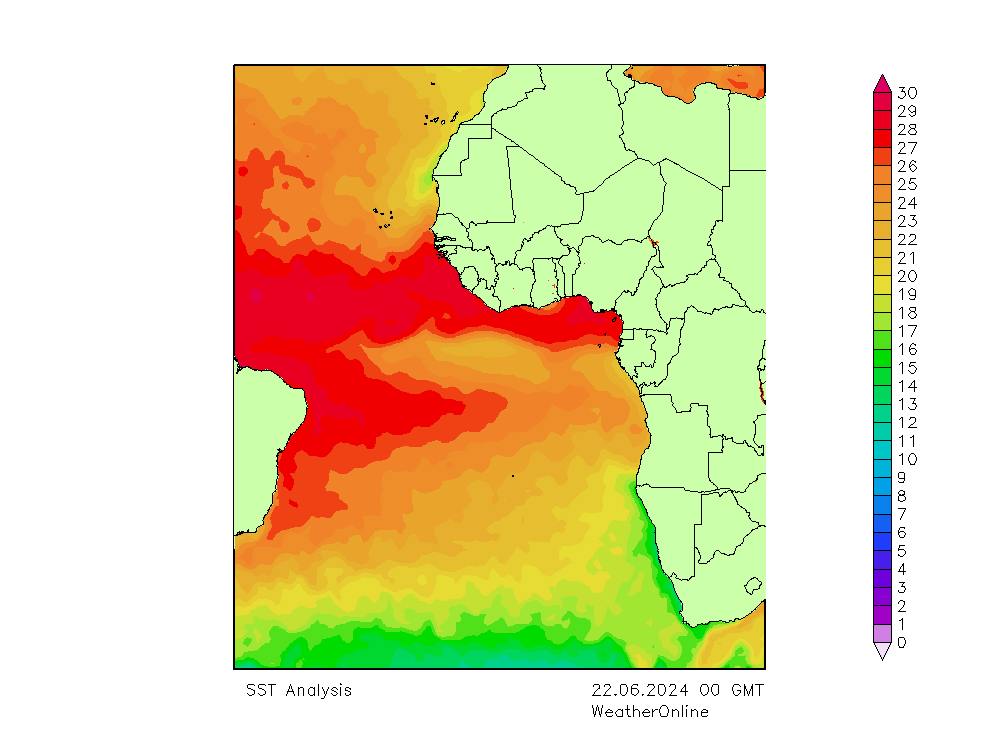 Océan Atlantique SST sam 22.06.2024 00 UTC