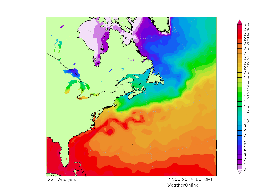 Atlantic Ocean SST Sa 22.06.2024 00 UTC