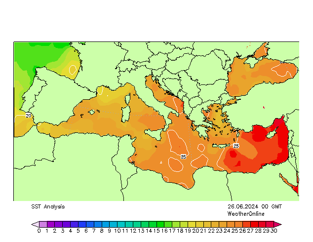 Mar Mediterrâneo SST Qua 26.06.2024 00 UTC