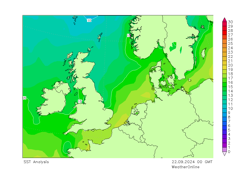 Severní moře SST Ne 22.09.2024 00 UTC