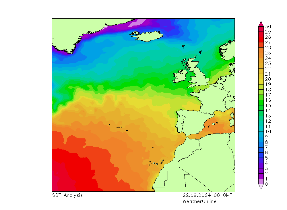 Atlantic Ocean SST Su 22.09.2024 00 UTC