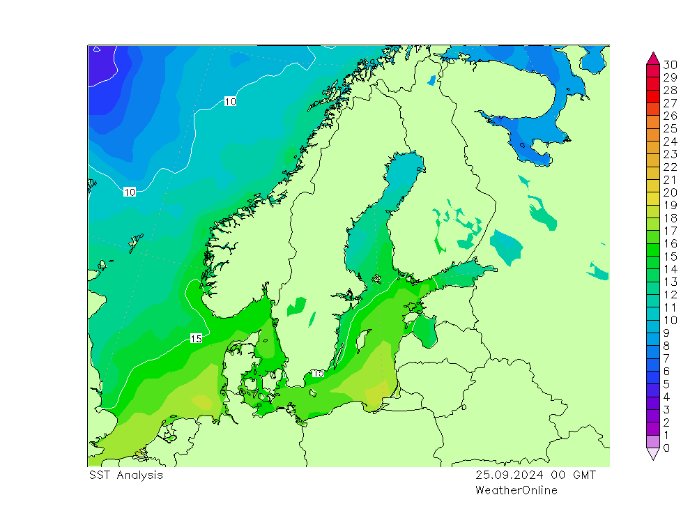 Morze Bałtyckie SST śro. 25.09.2024 00 UTC