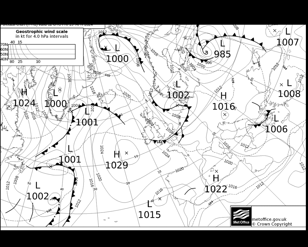 MetOffice UK Fronts Fr 19.04.2024 12 UTC