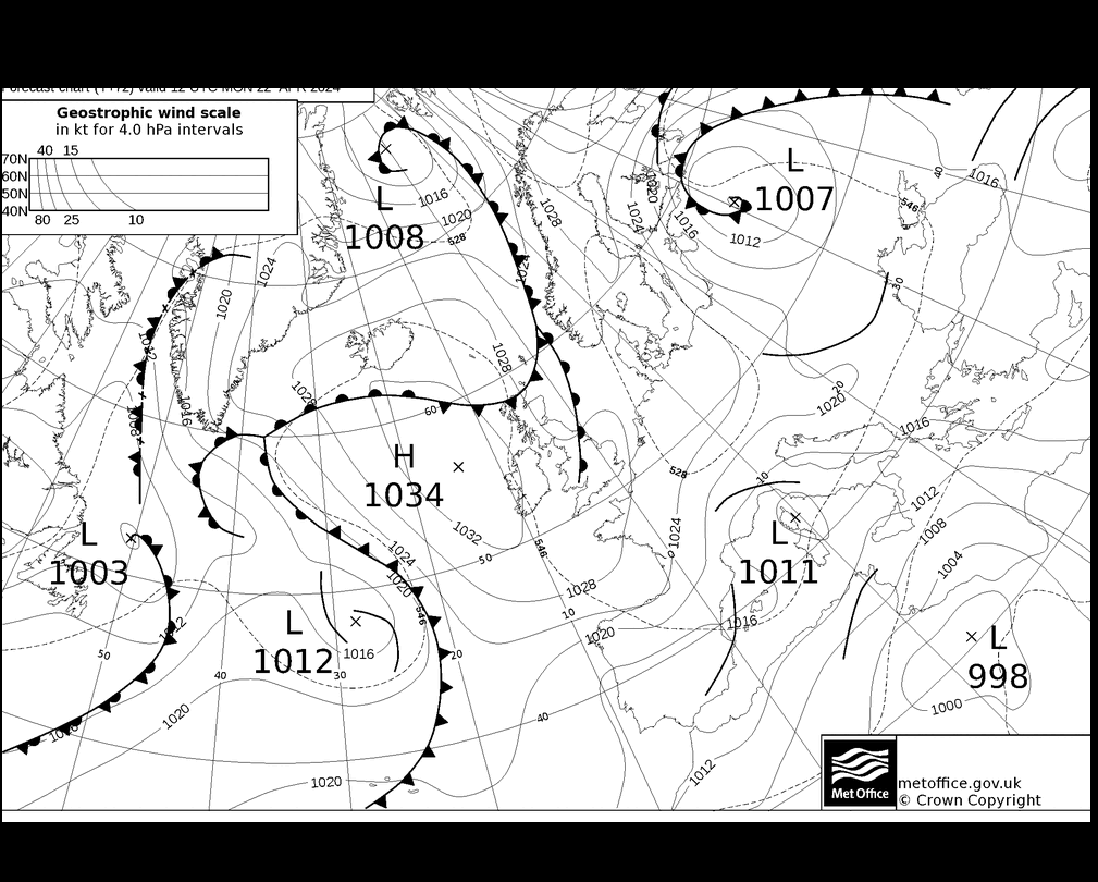 MetOffice UK Fronts lun 22.04.2024 12 UTC