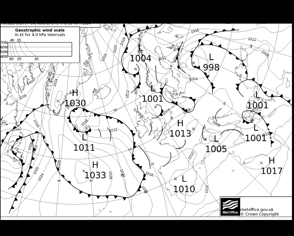 MetOffice UK Fronts czw. 25.04.2024 06 UTC