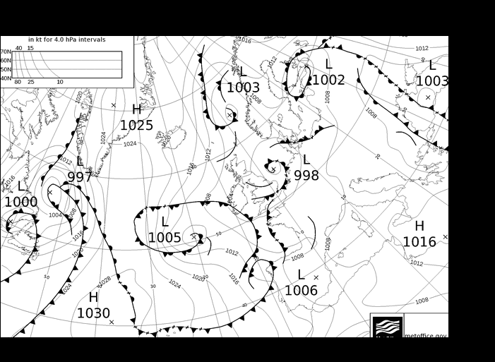 MetOffice UK Fronts Čt 25.04.2024 12 UTC