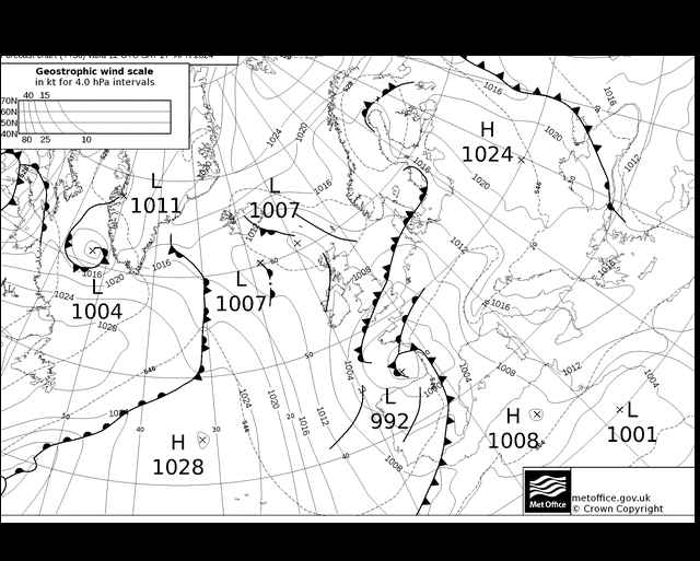 MetOffice UK Fronts sáb 27.04.2024 12 UTC