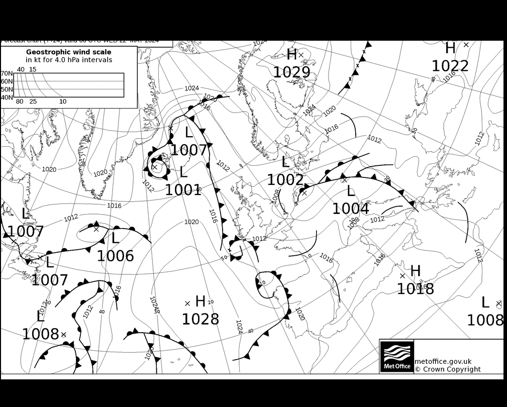 MetOffice UK Fronts śro. 22.05.2024 00 UTC