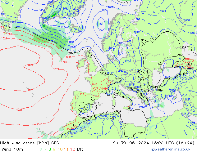 High wind areas GFS 星期日 30.06.2024 18 UTC