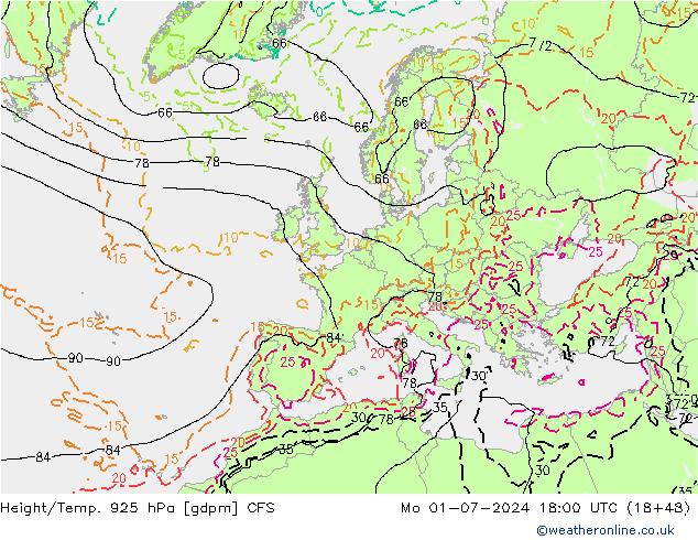 Height/Temp. 925 hPa GFS 星期一 01.07.2024 18 UTC