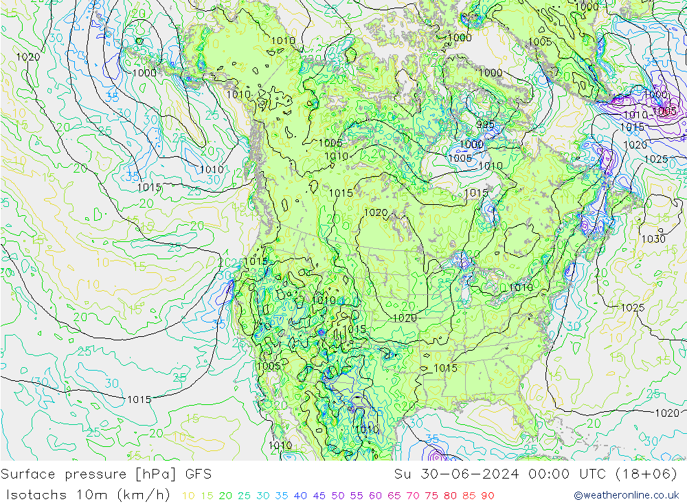 Isotachen (km/h) GFS zo 30.06.2024 00 UTC