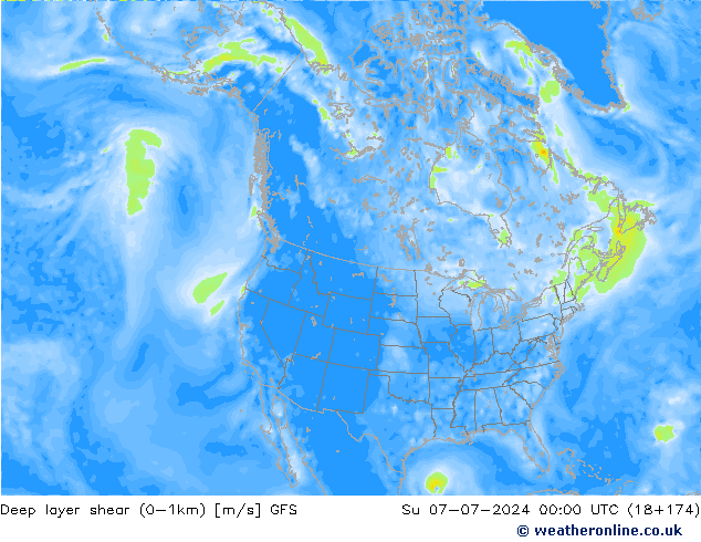 Deep layer shear (0-1km) GFS 星期日 07.07.2024 00 UTC