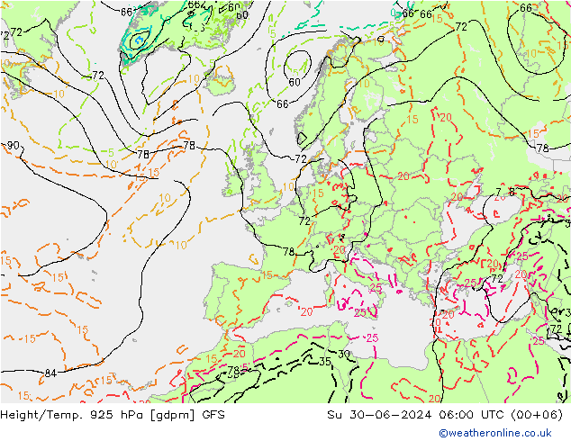 Hoogte/Temp. 925 hPa GFS zo 30.06.2024 06 UTC