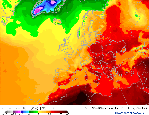 Temperature High (2m) GFS 星期日 30.06.2024 12 UTC
