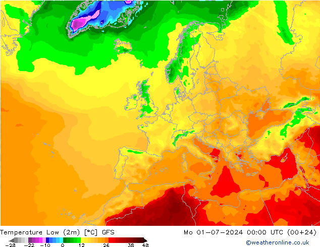 Temperature Low (2m) GFS 星期一 01.07.2024 00 UTC