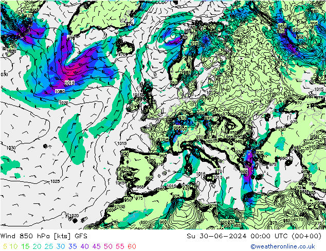 风 850 hPa GFS 星期日 30.06.2024 00 UTC