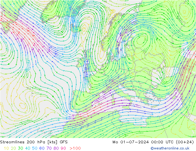风 200 hPa GFS 星期一 01.07.2024 00 UTC