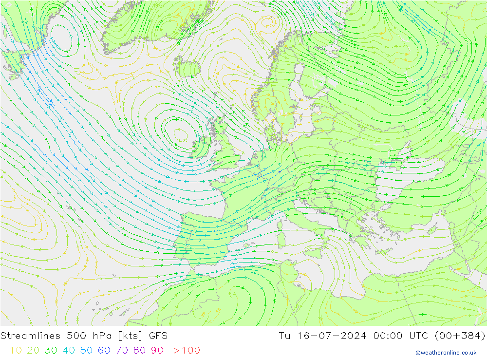 风 500 hPa GFS 星期二 16.07.2024 00 UTC