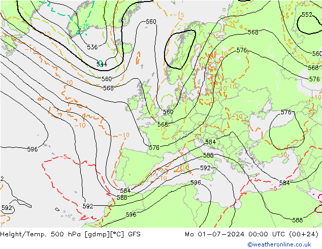 Z500/Rain (+SLP)/Z850 GFS 星期一 01.07.2024 00 UTC
