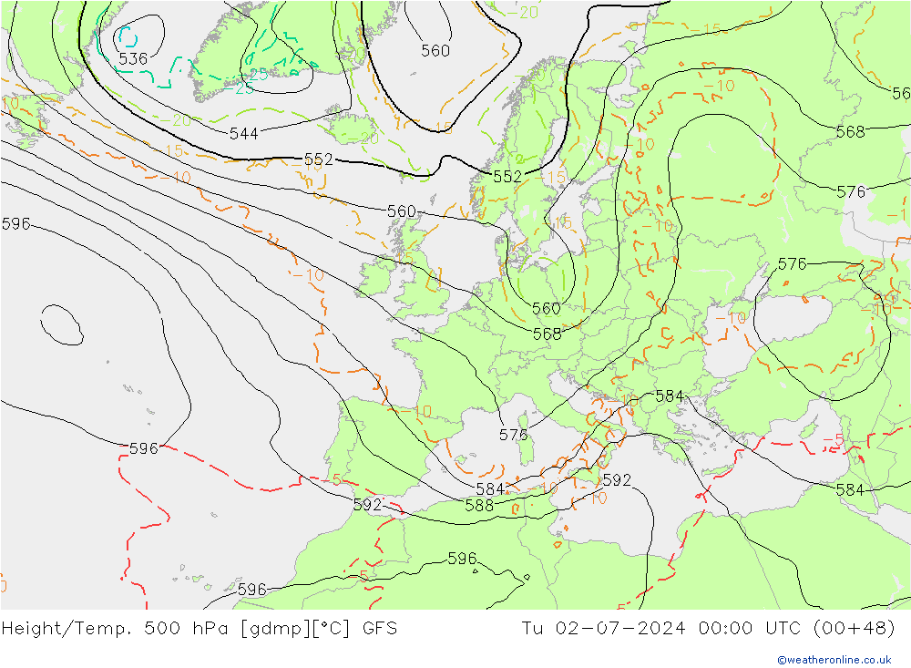 Z500/Rain (+SLP)/Z850 GFS 星期二 02.07.2024 00 UTC