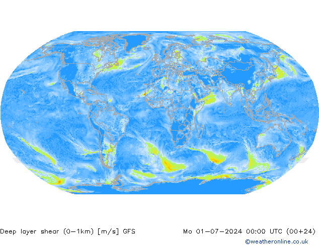 Deep layer shear (0-1km) GFS 星期一 01.07.2024 00 UTC
