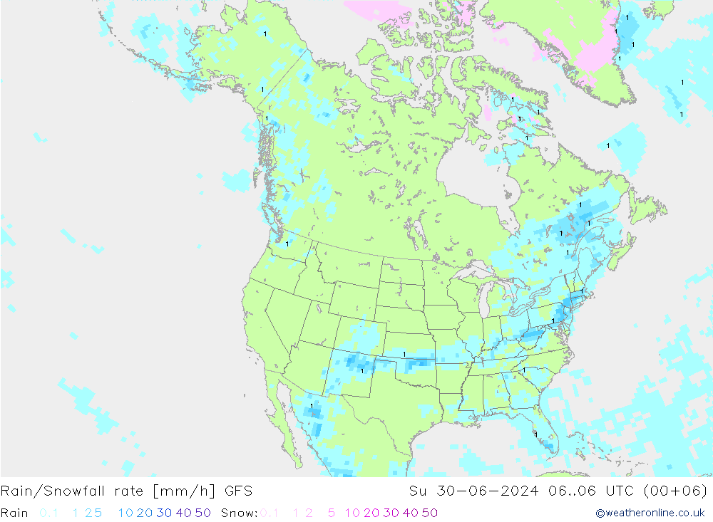 Rain/Snowfall rate GFS 星期日 30.06.2024 06 UTC