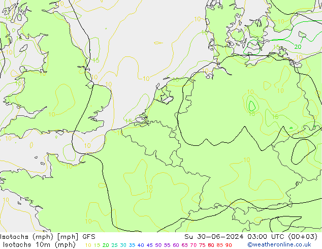 Isotachs (mph) GFS 星期日 30.06.2024 03 UTC